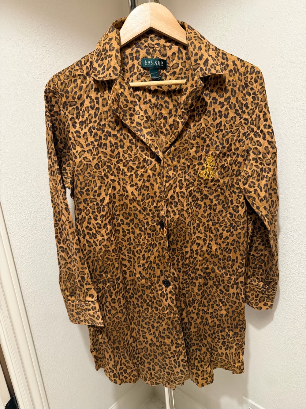 Ralph Lauren Women’s Nightgown Brown Leopard-Print Button Down Long Shirt